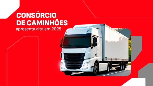 Banner publicitário de Consórcio de Caminhões com fundo vermelho vibrante, apresentando um caminhão branco moderno e texto em destaque, ideal para campanhas de logística e transporte.