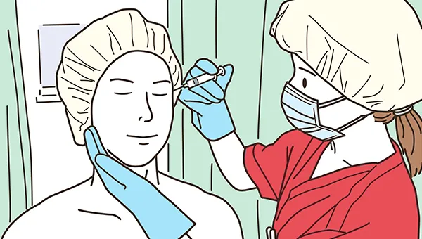 Ilustração de procedimento estético ou dermatológico com profissional de saúde usando máscara e luvas azuis realizando tratamento facial, simbolizando cuidado clínico e serviços de estética avançada