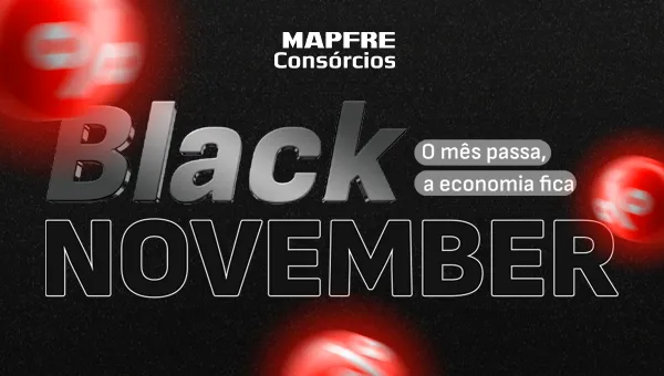Banner promocional Black November da MAPFRE Consórcios com fundo preto e esferas vermelhas flutuantes com o símbolo de porcentagem. Texto central em destaque: Black NOVEMBER.