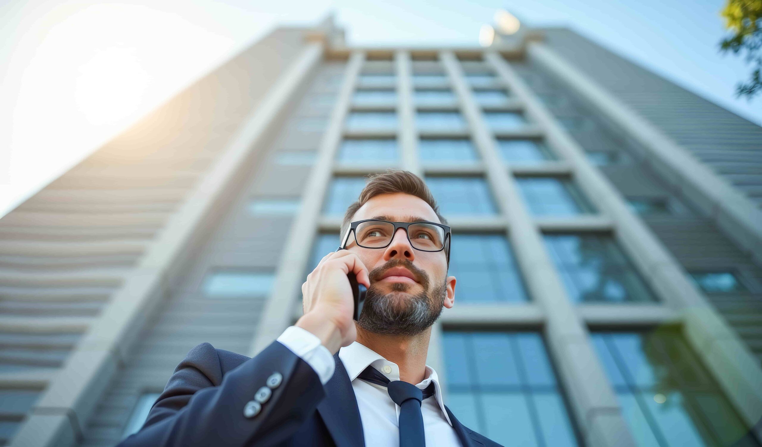 Empresário em frente a um prédio comercial, simbolizando a aquisição de imóvel por meio de um consórcio para CNPJ.